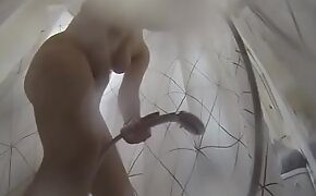 Spying a sweet 18yo babe in the shower, look at that hairy pussy!
