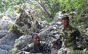 Army boys scout for hard meat outdoors