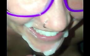 Hot big boob pierced tongue tattooed amateur girlfriend with glasses sucks and fucks big dick and gets massive facial