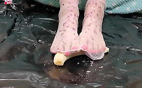 Girl Dripping Wax On Her Feet and Trample Banana - Foot Fetish