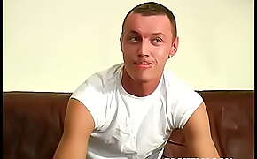 Skinny blond amateur from UK Alec jerks after an interview