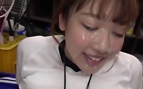 Sporty Japanese ecumenical gets her whole face masked in creamy cum