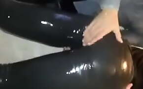 Tight lubed wet jeans threesome
