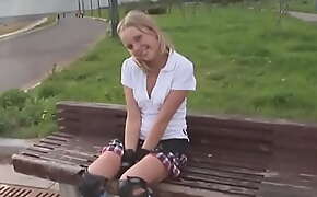 Sweet Sarah Kimble roller blade on the part and showing her pussy closeup naked outdoor