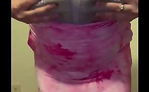 Man in Pink Dress Slowly Reveals His Bra, Strips to His Bra and Panties, then Cums Into Purple Panties