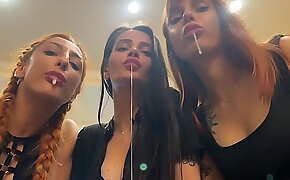 POV Triple Spitting Femdom Close-Up From Mistresses Kira, Sofi and Agma