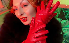 red gloves fetish tease and seduce video - leather and fur ASMR clip with hot sounding