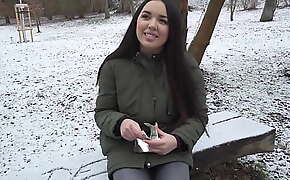 Public Agent Spanish Brunette Flashes Big Natural Tits in the Snow
