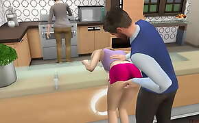Sims 4, Stepdad fuck his stepdaughter in kitchen next to wife