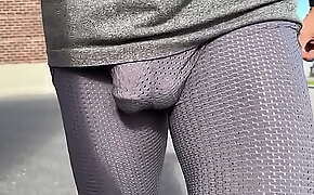A quick public run in semi see through spandex with cock clearly showing