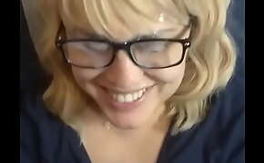 Just a facial - facial on cute wife, smiling, cum on glasses