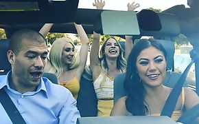 Three lubricious hotties property fucked in transmitted to car