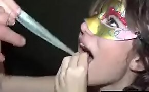 Depraved teen drinks cum from used condoms